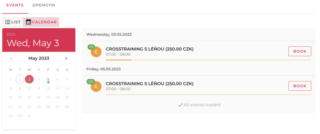 The public part of the booking system and signing up for an event